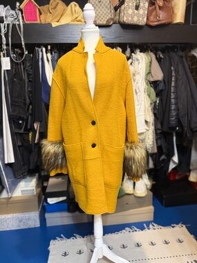 Mustard Yellow Faux Fur Cuff Coat